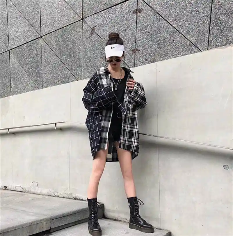NiceMix Harajuku женские рубашки с длинными рукавами в клетку в стиле пэчворк BF женские блузки с отложным воротником в Корейском стиле Mujer блузка