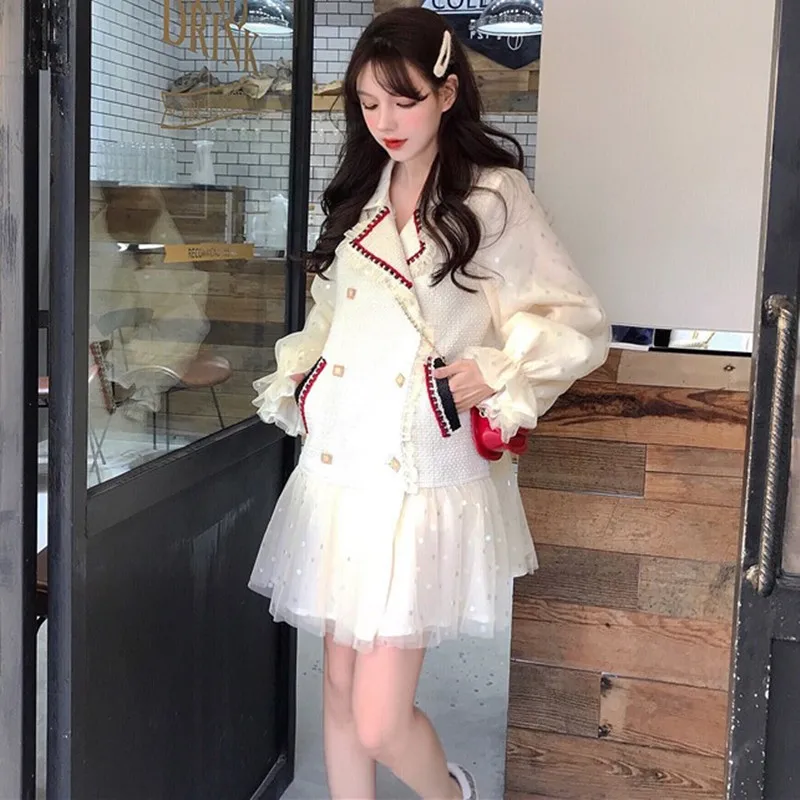 Зимнее теплое лоскутное белое платье из шерсти и сетки повседневный комплект 2