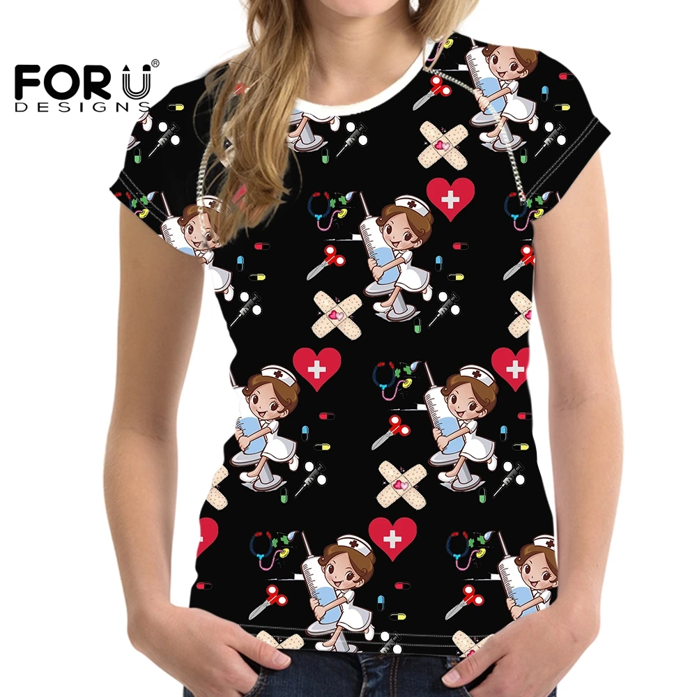 

FORUDESIGNS, одежда для кормления в стиле Харадзюку, серия с черным фоном, милая медсестра, бесшовная, с узором в виде шприца, женские футболки, тон...