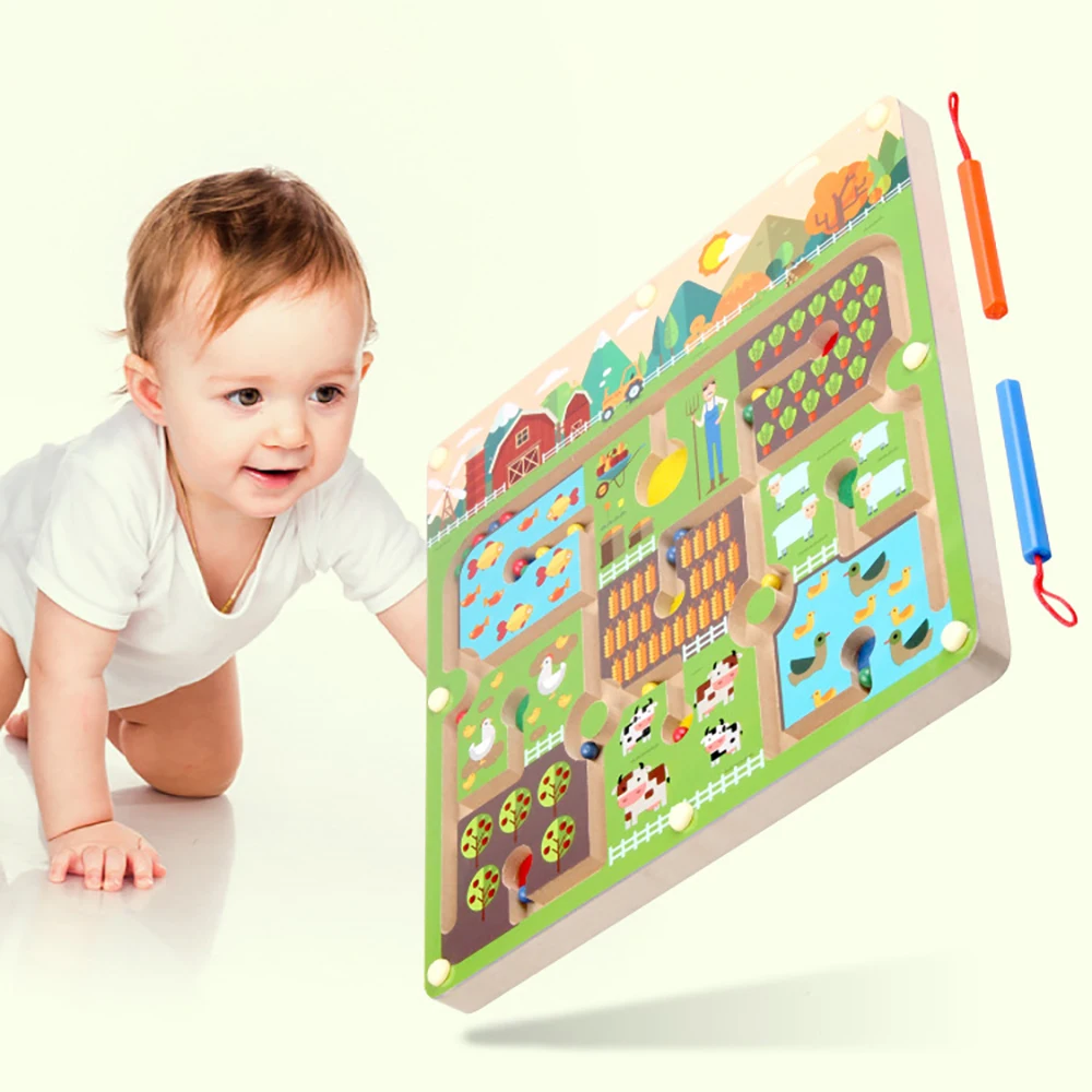 

Magnetic Maze Puzzle Interactive Wooden Toys Of Farm Topic Magnet Beads Maze Children Educational Handcraft Durable Puzzle Toys