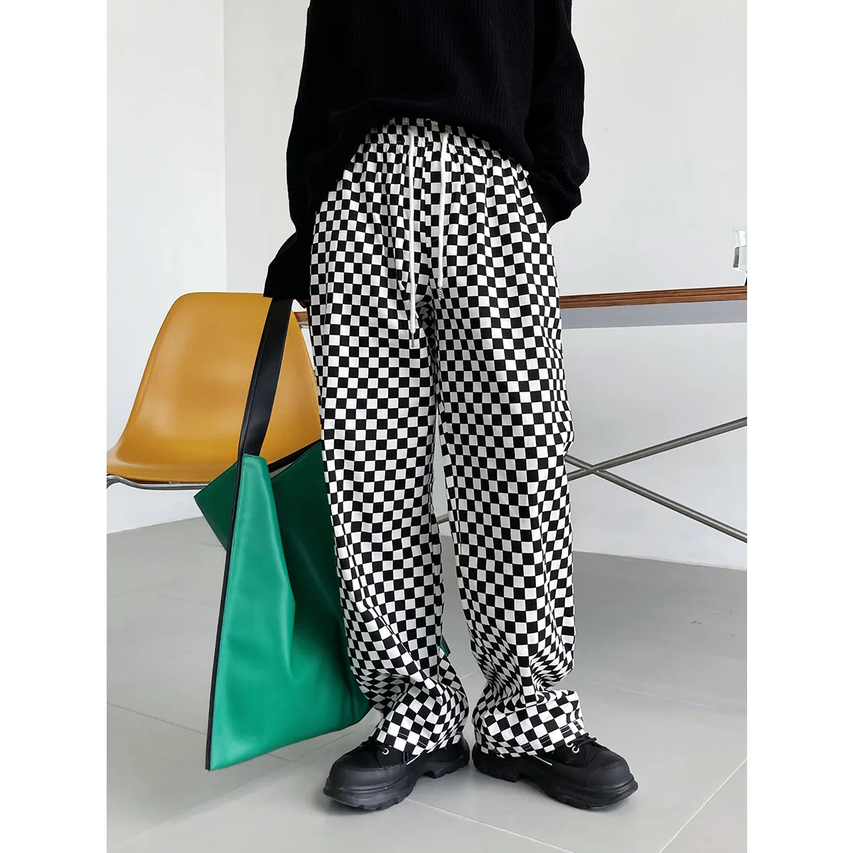 

Spring And Autumn New Checkerboard Casual Pants Streetwear Women's Loose Wide-Leg Ins Trend Black And White Plaid Pants Women