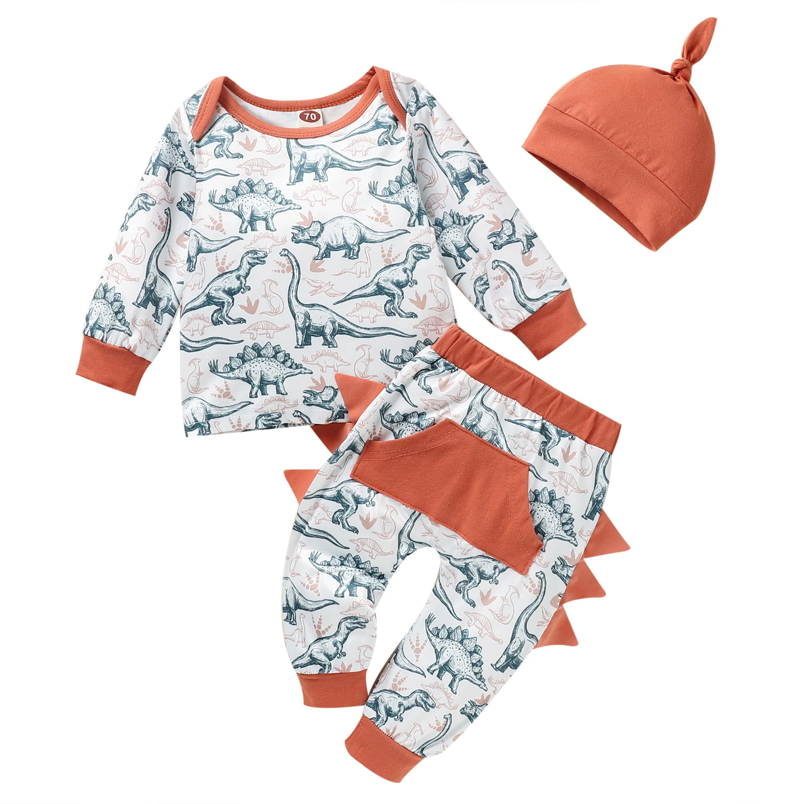 

3 Pieces Kids Suit Set, Toddler Cartoon Animal Print O-Neck Long Sleeve Tops+ Long Pants+ Hat , 0-18 Months