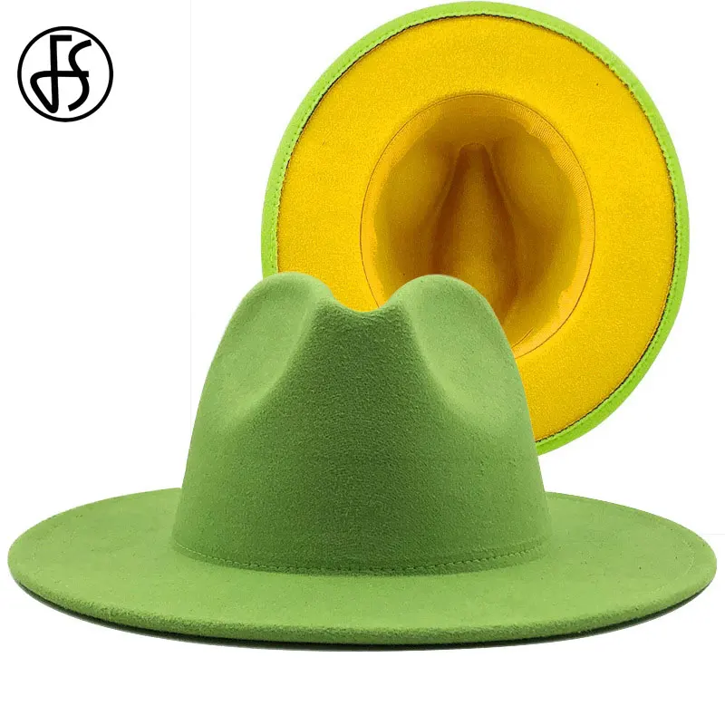 

FS 60CM Green Yellow Brim Patchwork Women Men Wide Brim Wool Felt Fedora Hats Panama Jazz Caps Party Cowboy Trilby Gambler Hat