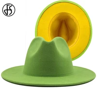 fs 60cm green yellow brim patchwork women men wide brim wool felt fedora hats panama jazz caps party cowboy trilby gambler hat