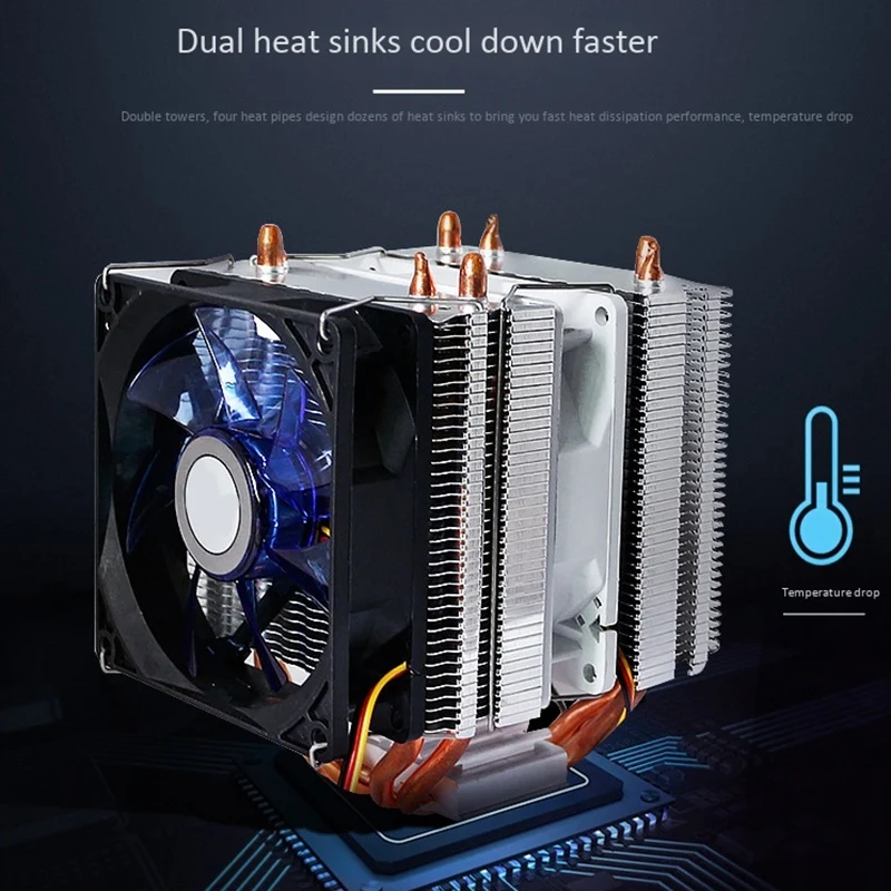 

Tower Radiator Three Fans 9CM Silent LED Luminous Cooling Fan Computer Double Tower Three Fans Heat Pipe CPU Radiator