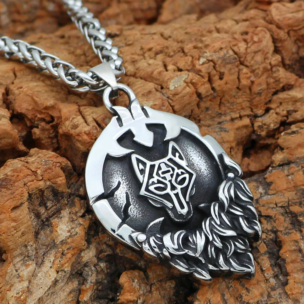 Men stainless steel Nordic viking Fenrir Wolf Rune necklace with gift bag | Украшения и аксессуары