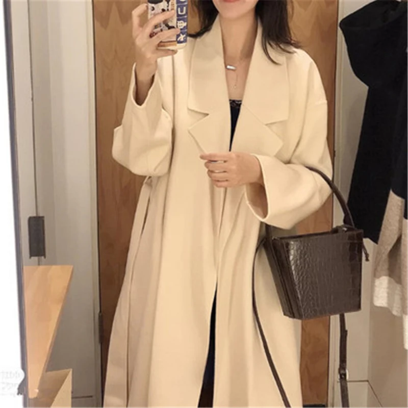 

2021 Autumn Women Woolen Coat Turn Down Collar Double Breasted Long Wool Coat Camel Female Warm Wool-Blend Coat A171