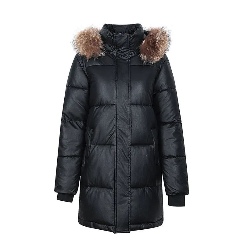 

Женский зимний пуховик с большим меховым воротником, хлопковая Толстая теплая толстовка с капюшоном, длинное Свободное пальто, парки больш...