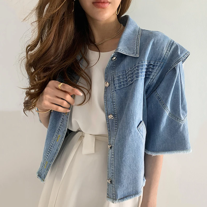 

Джинсовая куртка с отложным воротником, винтажные однобортные джинсовые шорты со складками, Повседневная Свободная куртка с короткими рук...