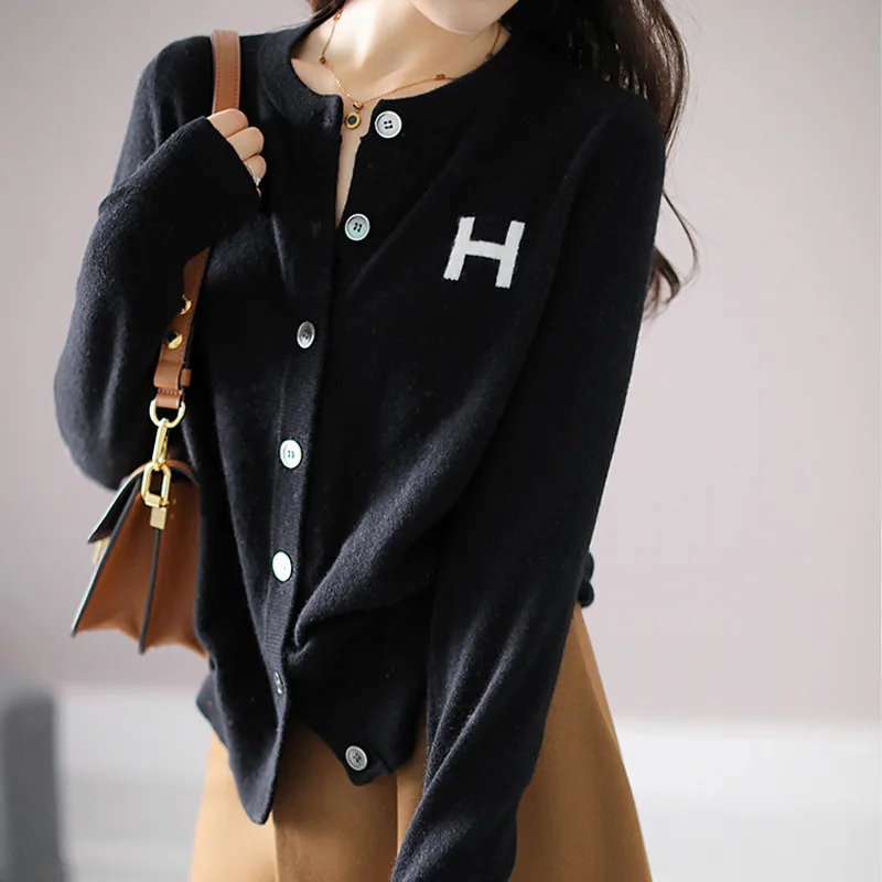 

Осенний кашемировый вязаный кардиган Limiguyue, женский свитер с буквами H, облегающая свободная повседневная верхняя одежда, топы с длинным рук...