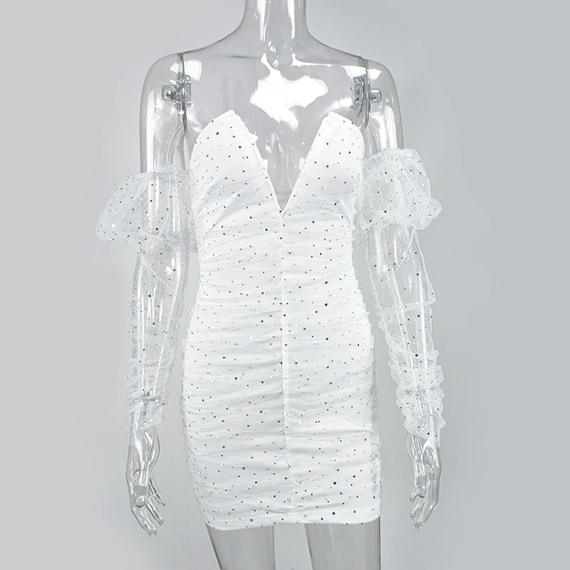 Женское Сетчатое мини-платье с блестками белое платье открытыми плечами и