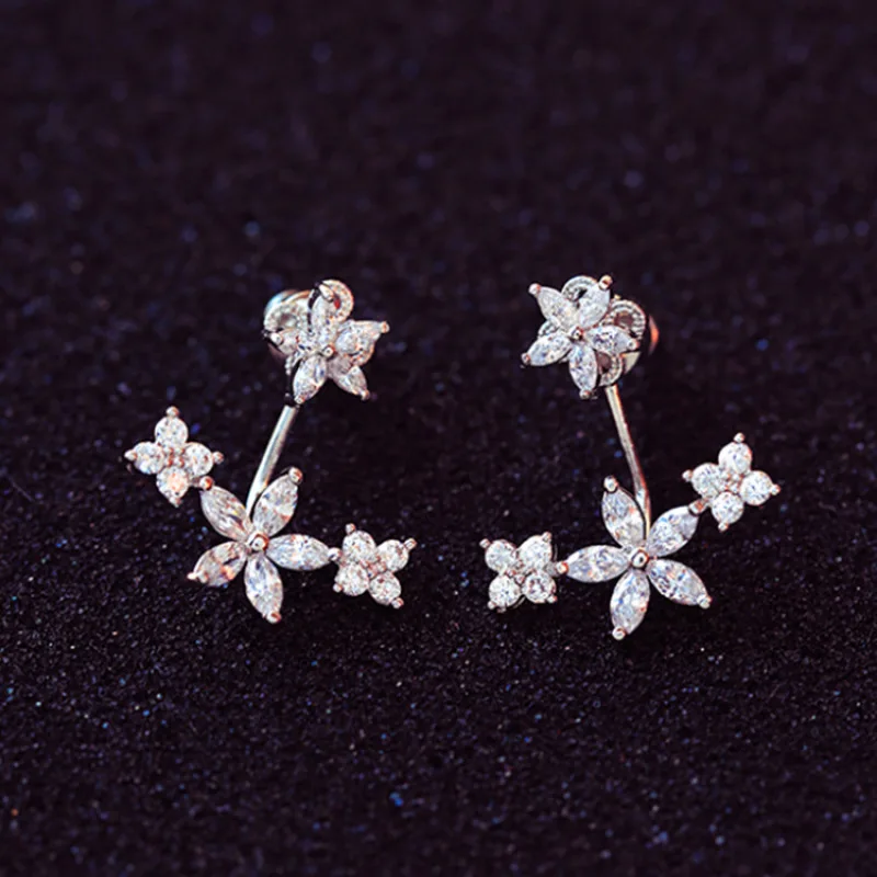 Роскошный прозрачный CZ цирконивый цветок двойные серьги гвоздики двусторонние