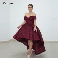 verngo sparkly glitter burgundypurpleblack high low prom dresses off the shoulder short front long back evening party gowns