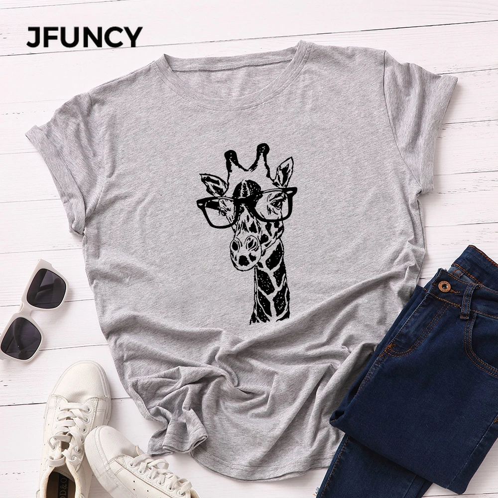 

JFUNCY Giraffe Print Women Cotton T-shirts Female Short Sleeve Tee Tops Woman Casual Tshirt Plus Size 2020 Summer T Shirt