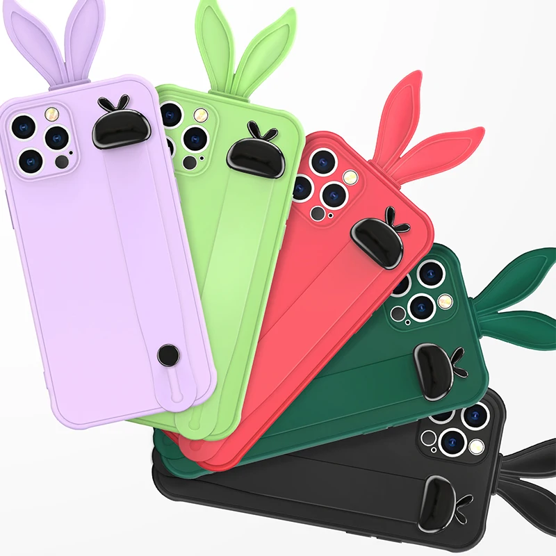

3D Cute Rabbit Ears Liquid Silicone WristBand Stand Case For iPhone 12 Mini 11 Pro Max X XS MAX XR 7 8 6S 6 Plus SE 2020 Cover