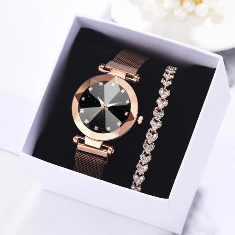 

2pcs Watch Bracelet Set Luxury Women Watches Starry Sky Magnet Watch Buckle Fashion Rhinestone Bracelet Wristwatch Dress Clock
