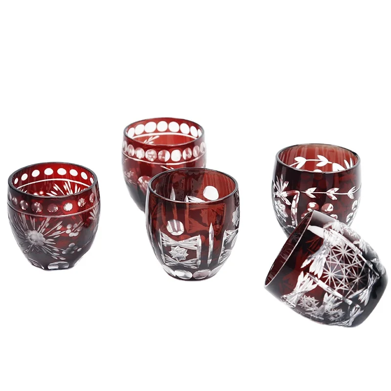 

2 pieces 60ml Japanese Edo Kiriko Hand Carved Red Shot Glass Cup Overlay Glasses Sake Glass Cup