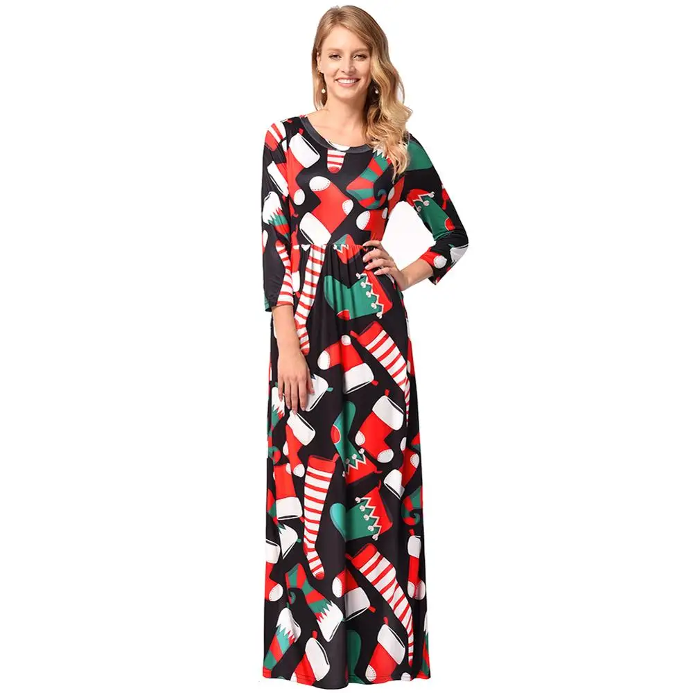 2020 Новогоднее женское платье на Рождество Снеговик Санта принт Платье макси с