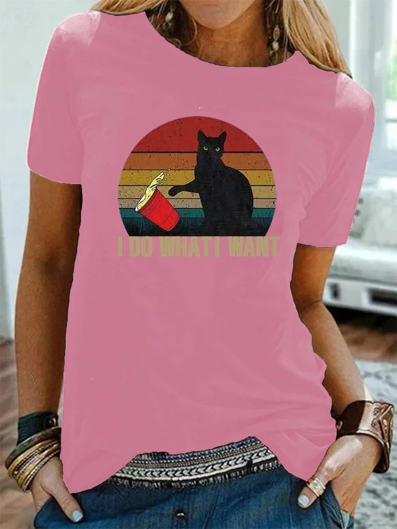 

Harajuku Short Sleeve Summer Tops for Women 2021 Cartoon T Shirts Cat Graphic Print O Neck T-Shirt Humor Women Top Tee Gift