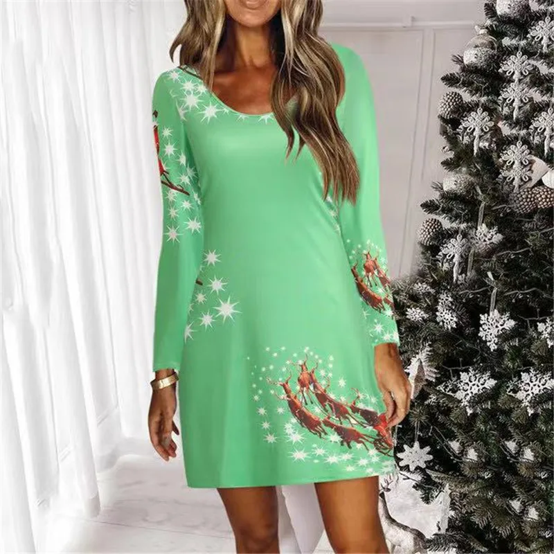 New Year Party Dress 2021 Autumn Winter Women Long Sleeve Print Loose Casual Mini Dress Elegant Sweet Christmas Dresses Vestidos