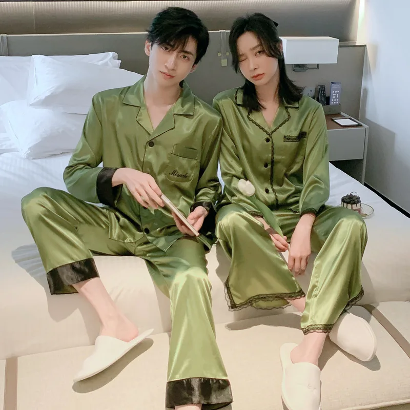 Matching Pajamas Couples Long Sleeve Pajamas for Teen Girls Pants Mens Lounge Wear Silk Pajamas for Men Lace Edge Sleepwear Set