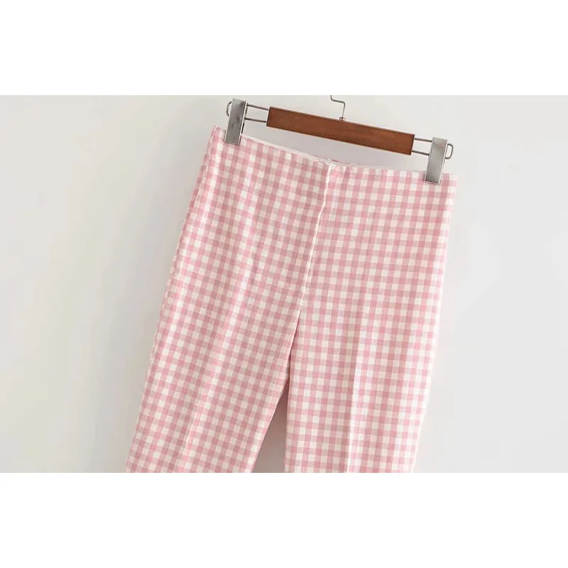 

Woman Fashion Red Plaid Pants High Waist Button Fly Streetwear Stright Casual Spring New Female Chic Long Pants