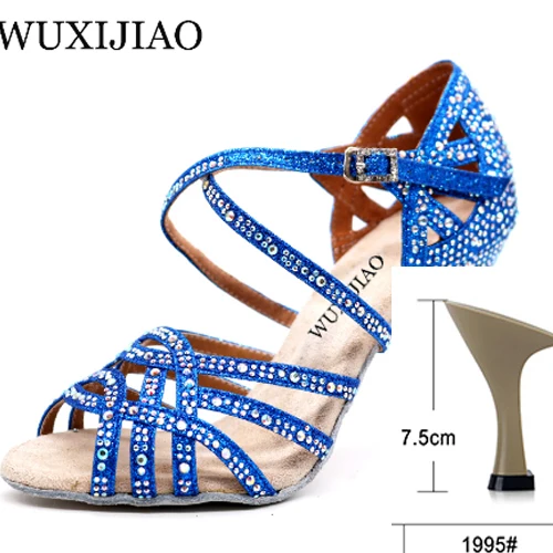 Blue heel 7.5cm WUXIJIAO/серебристые и Синие стразы; обувь для латинских танцев; женская Обувь для бальных танцев; обувь для вальса на высоком каблуке 9 см; Лидер продаж - Цвет: Blue heel 7.5cm