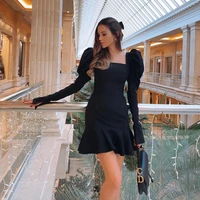 short evening dresses for woman simple black prom party gown with long sleeves square neck 2021 new arrival vestidos de noche