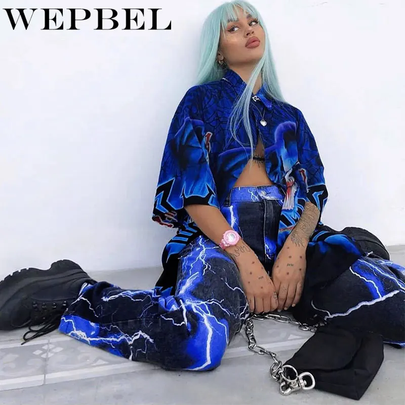 

WEPBEL Women Elegant lightning Print Hip Hop Straight Pants Ladies Loose High Waist Wide Leg Trousers