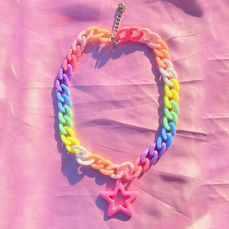 

Egirl Aesthetic Rainbow Chain Star Pendant Necklace for Women Y2K Jewelry Harajuku Cute INS Necklace 2000s Fashion Friends Gifts