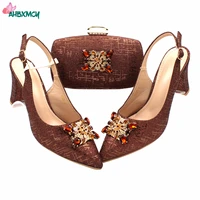 2021 comfortablel heels new coming ins hot sale italian women shoes and bag set in coffee color for garden party
