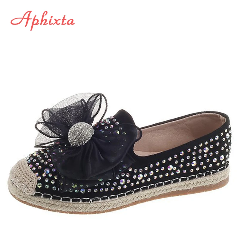 

Aphixta Crystals Women Flats Shoes Bow Fisherman Flat Heel Bling Loafers Round Toe Cane Fabrics Flats Casual Ladies Footwear