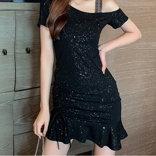 

Glitter Off Shoulder Open Shoulder Asymmetrical Cocktail Dress Sexy Short Sleeve Ruched Ruffles Women Bodycon Mini Dresses