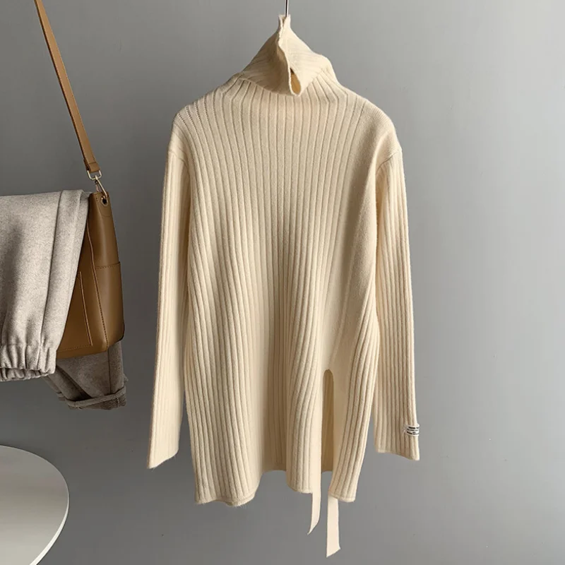 

Winter solid color vertical pattern knitted split sweater slim women's long-sleeved high-neck loose mid-length bottoming shirt