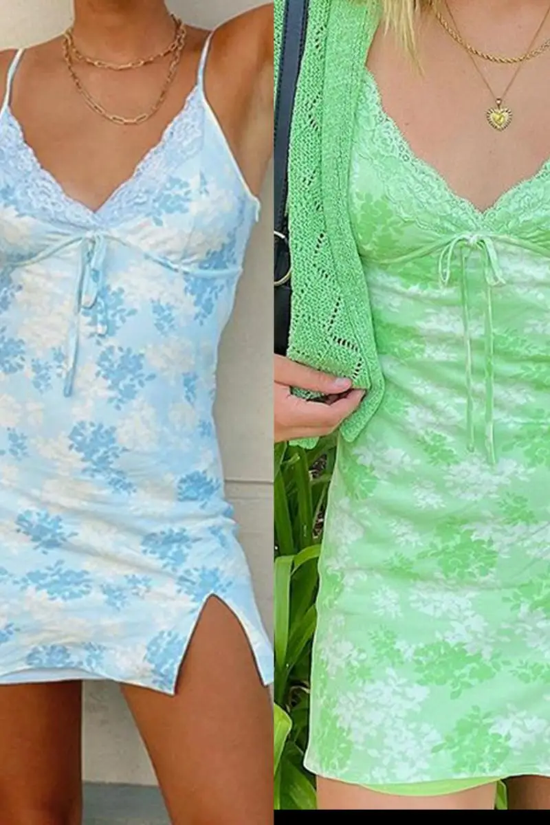 

JHBeute New Sleeveless Dress Women's Summer Dress with Small Fresh Lace V Neck Flowers Printing Sexy Suspender Mini Dress