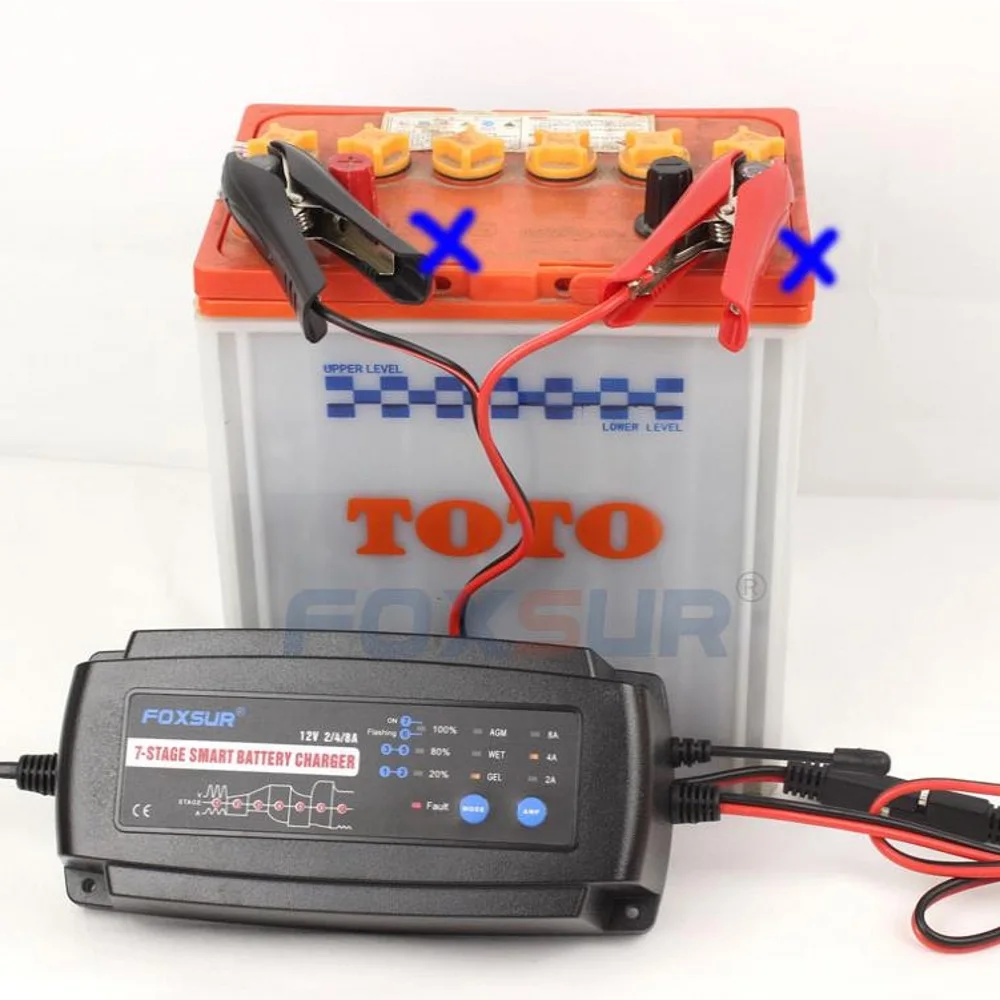 Скидка FOXSUR 12V 2A 4A 8A Автоматическая умная Батарея Зарядное устройство, 7-stage Смарт Батарея Зарядное устройство, автомобильный Батарея Зарядное устро...