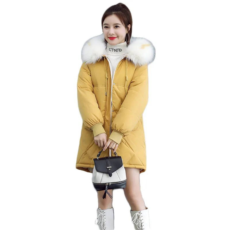 

Winter Coat Women Yellow S-3XL Plus Size Loose 2020 New White Fur Collar Hooded Thick Warmth Down Cotton Jackets Feminina sf031