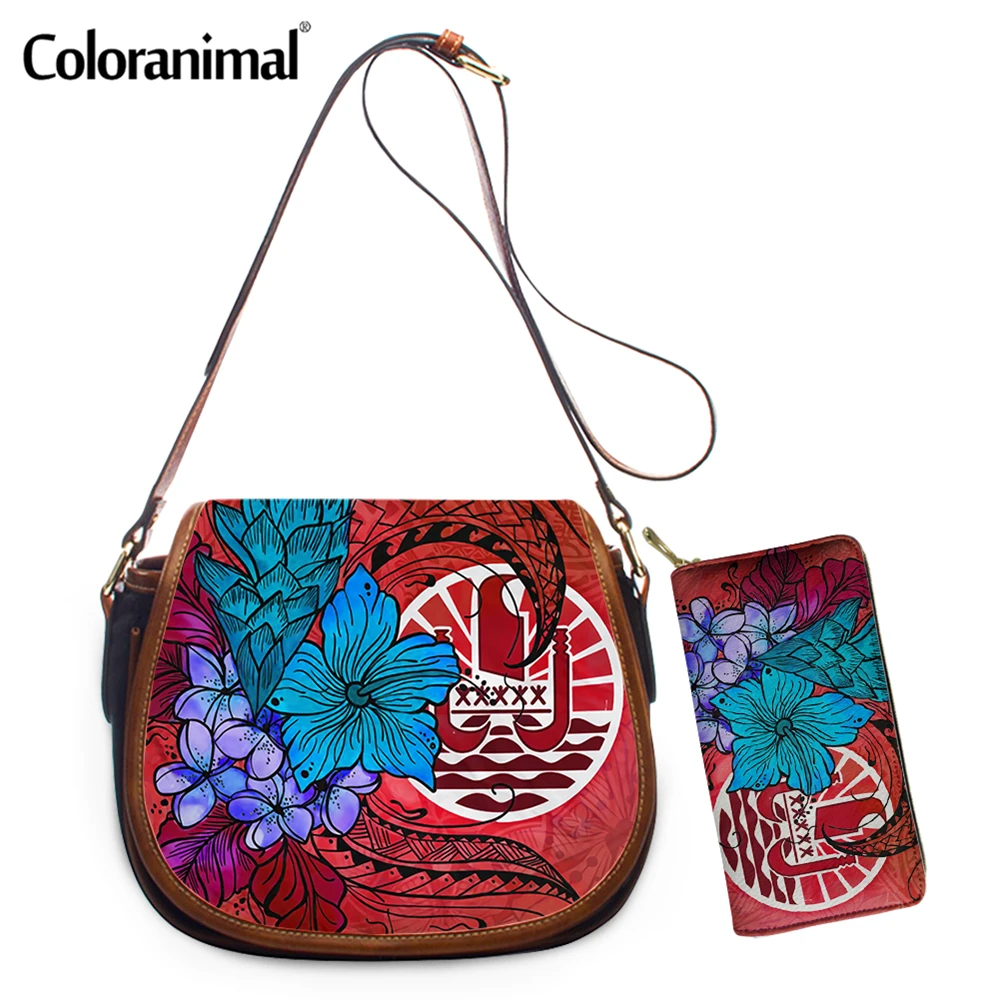 Coloranimal Tribal Tahiti Tropical Flowers Style Ladeis Shoulder Bag 2Pcs/Set PU Leather Crossbody Bag&ampWallet Casual Women Bolsa | Багаж и