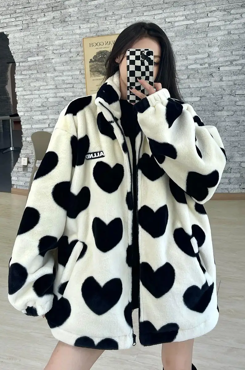 Harajuku Heart Full Print Plush Jacket Women Winter Jacket 2021 Korean Large Size Long Sleeve Hooded Cotton Coat Thick Warm