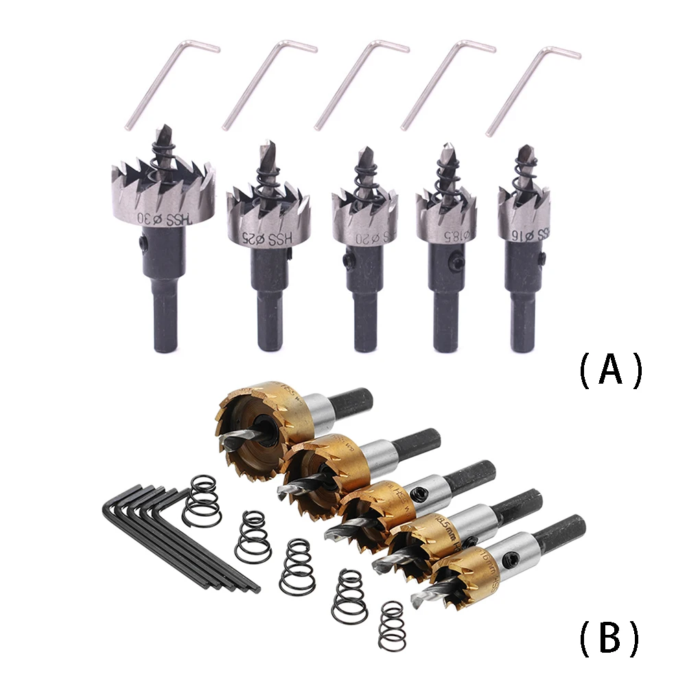 

5pcs 16-30mm HSS Drill Bit Saw Set Hole Opener with 5pcs Hexagon Wrenches Metal Wood Drilling Tool Set Woodworking Tools