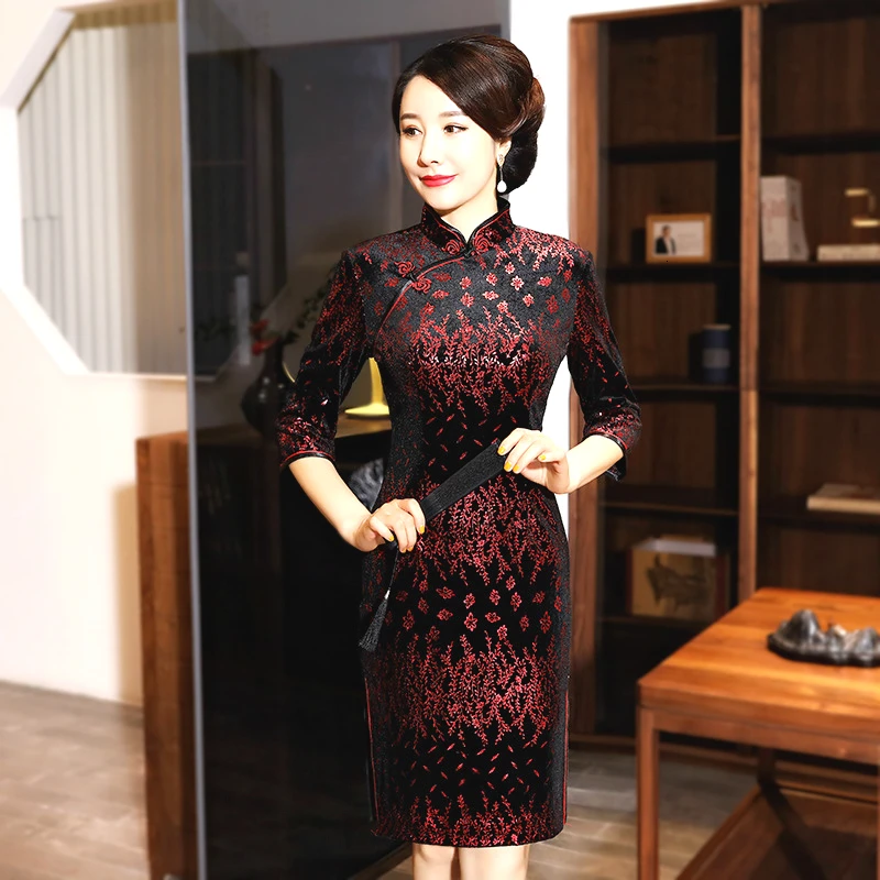 Женское бархатное платье Ципао с длинным рукавом 6 цветов размеры до 5XL|Чонсамы| |