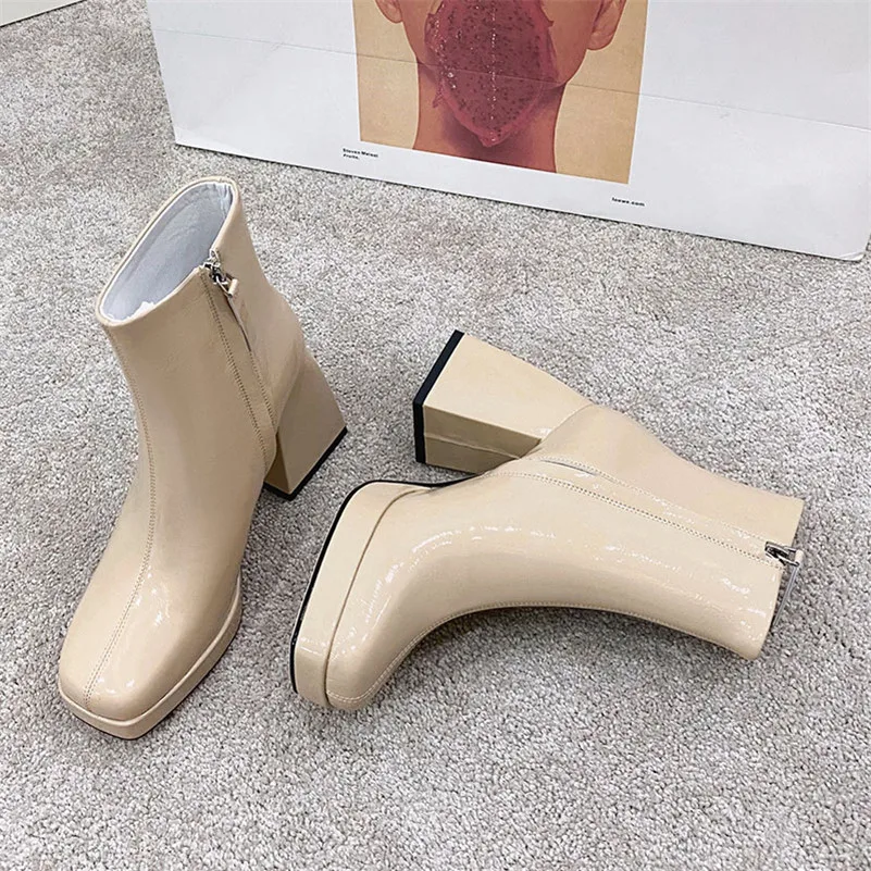 

Meotina Real Leather Extreme High Heel Ankle Boots Women Shoes Square Toe Zipper Block Heels Short Boots Autumn Winter White 40