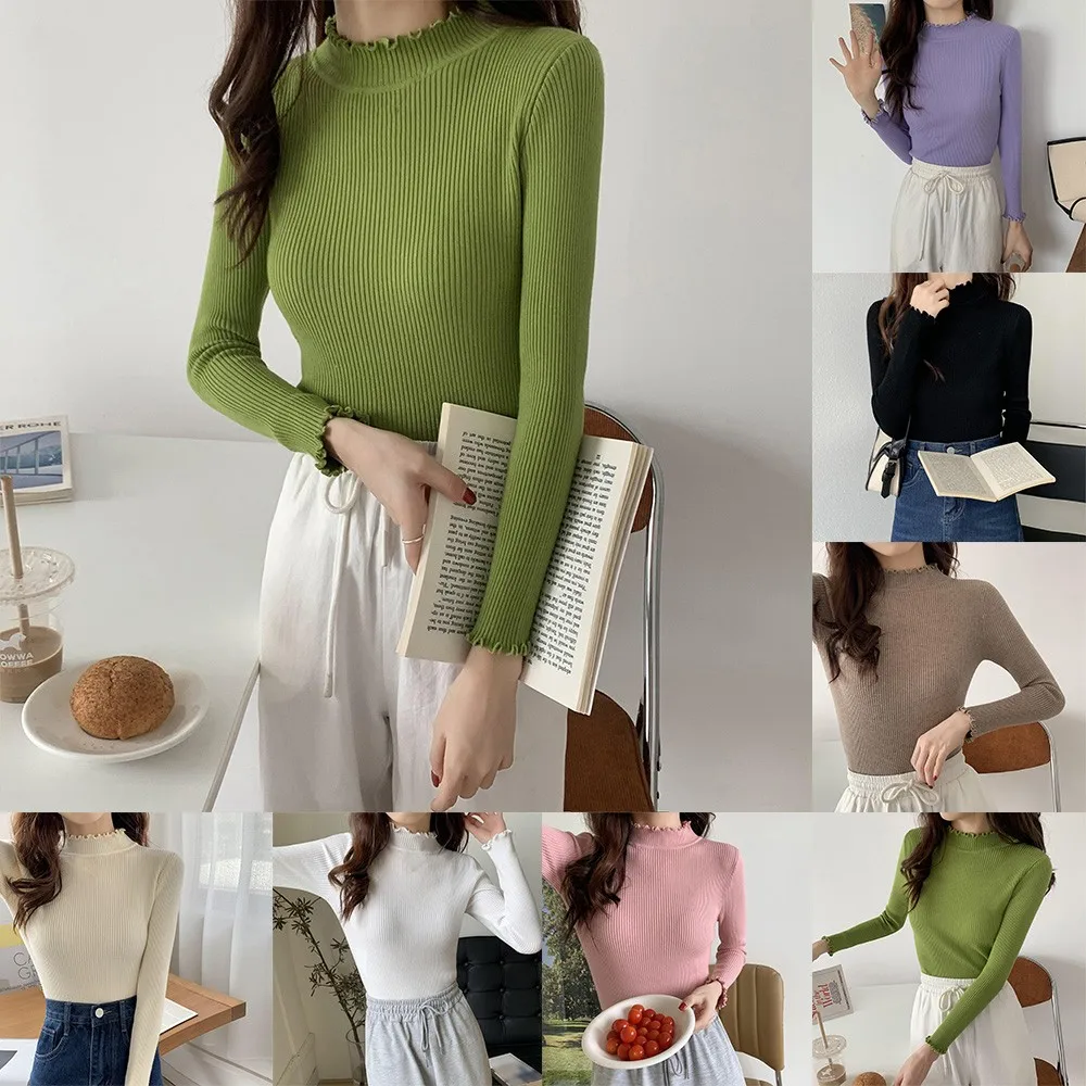 

Oversize Women Elegant Solid Slim Casual Tight Stretch Knitted Bottoming Shirt Sweater Long Sleeve Office OL Pullovers Top