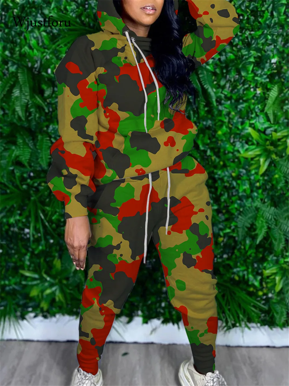 

Wjustforu Camouflage Two Piece Set Outfits Loose Drawstring Hooded Tops High Waist Leggings Pants Fall 2020 Women Tracksuits