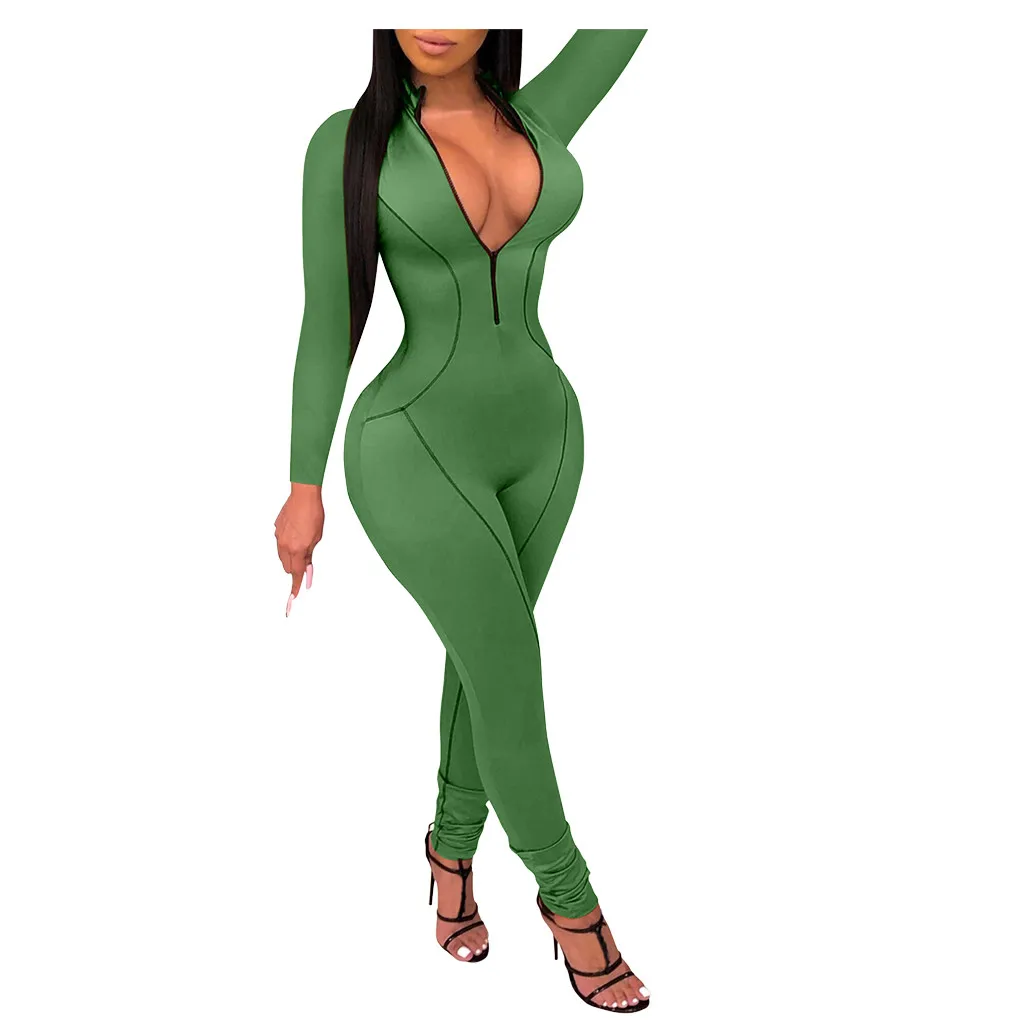 Green feitong sexy rompers womens jumpsuit V-Neck Belted Jumpsuit Party Club Playsuits Long Sleeve Jumpsuits Tight Overalls 9M3 - Цвет: Green