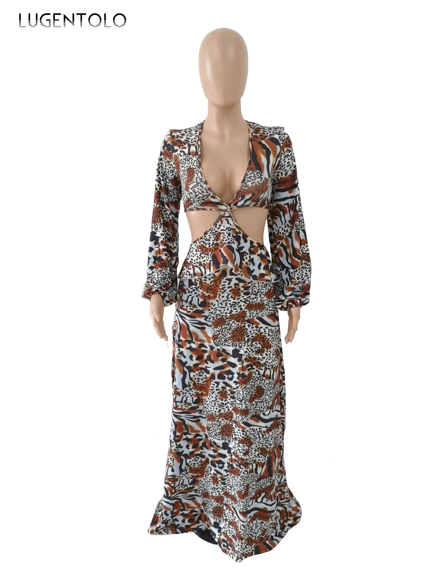 

Lugentolo Party Women's Bandage Dress Leopard Print Fashion Sexy Deep V -neck Backless Big Swing Dinner Casual Lady Maxi Dress