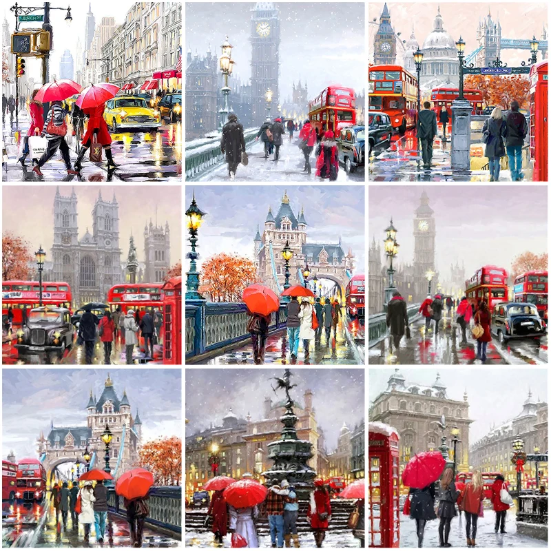 

Full Square Round Resin Diamond Painting Scenery Street Diamond Embroidery Mosaic Red Umbrella Picture of Rhinestone Wall Art