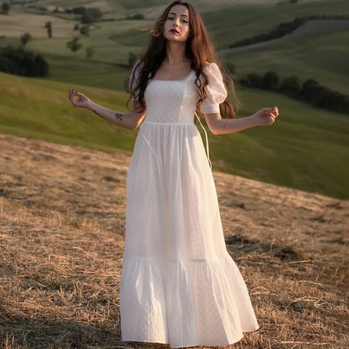 

Jastie/Летнее белое кружевное женское платье миди с открытой спиной, квадратным воротником, пышным рукавом и оборками, вечерние платья, элеган...