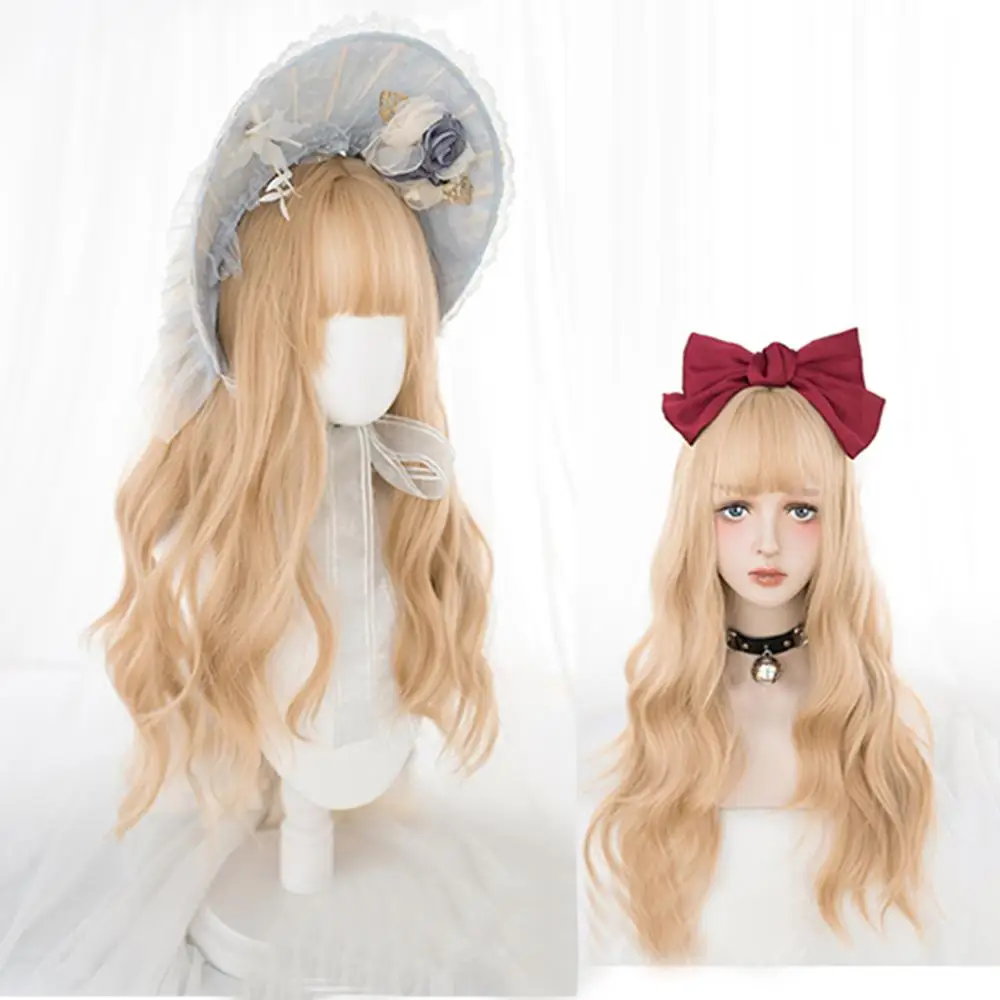 

CosplayMix 68CM Lolita Cosplay Wig Heat Resistant Japan Cute Long Wavy Hair Gold Anime Party Synthetic Bangs+Cap