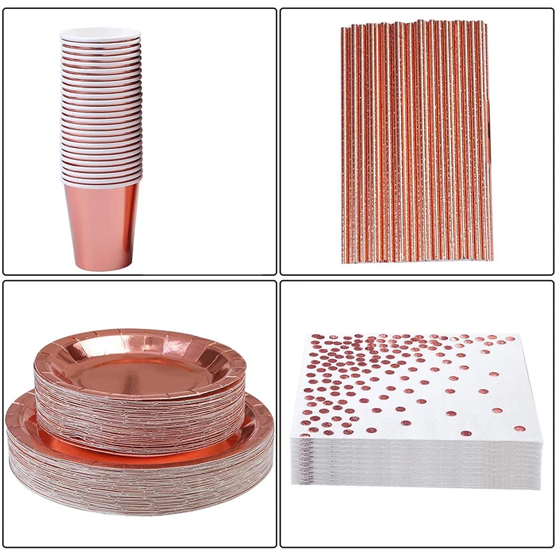 

Rose Gold Party Supplies for 25 Guests Party Tableware(Foil Paper Plates/Napkins Cups/Straws) for Anniversary/Birthday